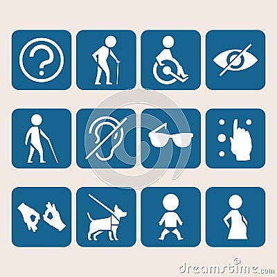 Vector colorful icon set of access signs for physically disabled people Vector Illustration