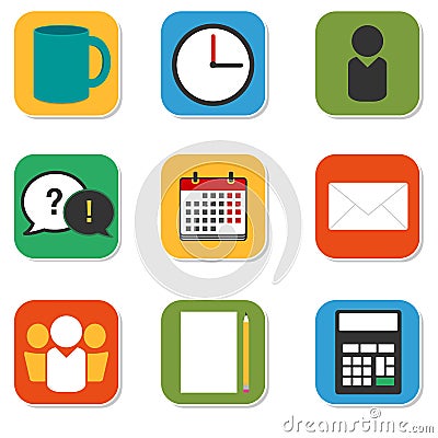 Vector colorful icons set: working days. Modern flat icons collection with daily office routine items. Stock Photo