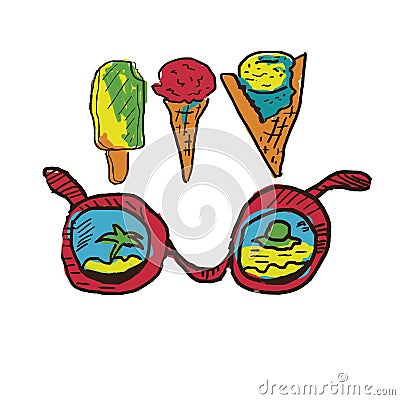 Vector colorful illustratiion of ice cream with glasses on background. Summer time concept. drawn line art design of ice Vector Illustration