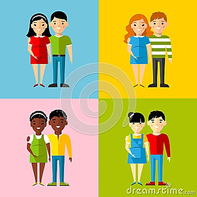 Vector colorful illustration of african american, asian, arab, european family Vector Illustration