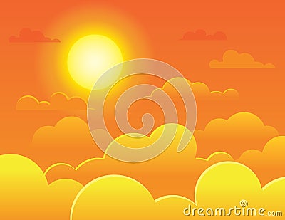 Vector colorful illustration of a bright full sun on a background of a orange sky. Vector Illustration