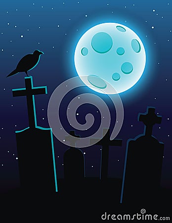 Vector colorful illustration of a cemetery with moonlight over a dark blue sky. Vector Illustration