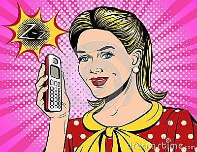 Vector colorful illustration comic style of a beautiful woman going to pick up the phone. Cartoon Illustration