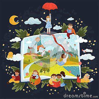 Children read a book of fairy tales Vector Illustration