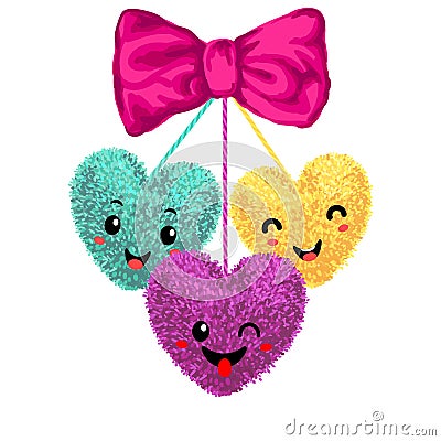 Decortive elements with pom-poms in the shape of a heart Vector Illustration