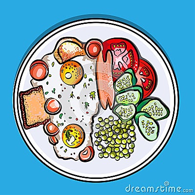 Vector colorful illustration english Breakfast on a plate eggs, sausage, tomato, cucumbers, pea, toast Vector Illustration