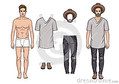 Vector colorful illustration of fashionable men`s outfits isolated from white background. Cartoon Illustration