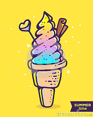 Vector colorful illustration of gradient ice cream with chocolate, heart on yellow background with dots. Summer time concept. Vector Illustration