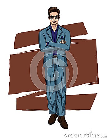 Vector colorful illustration of handsome guy in office suit isolated from white background. Cartoon Illustration