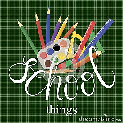 Vector colorful illustration with many school supplies on background of white sheet Cartoon Illustration