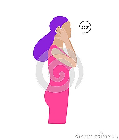Vector colorful illustration. Neck exercises by girl for relax. Work with head and ear massage. Creative concept. Vector Illustration