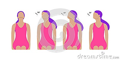 Vector colorful illustration. Neck exercises by girl for relax. Work with head. Turn and fix neck position for 15 seconds. Vector Illustration