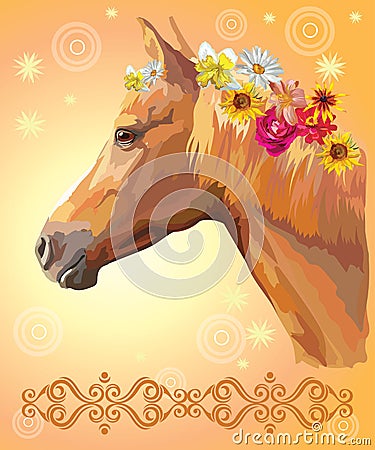 Horse portrait with flowers Vector Illustration