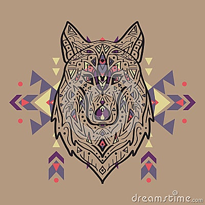 Vector colorful illustration of tribal style wolf with ethnic ornaments Vector Illustration