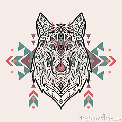 Vector colorful illustration of tribal style wolf with ethnic ornaments Vector Illustration