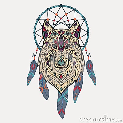 Vector colorful illustration of tribal style wolf with ethnic ornaments and dream catcher Vector Illustration