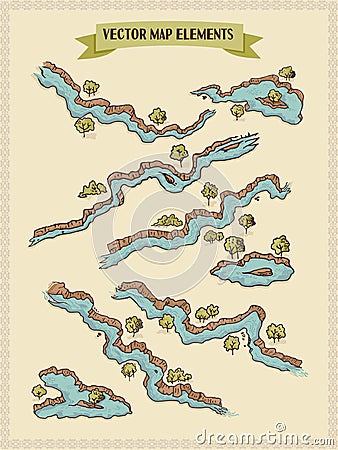 Vector map elements, colorful, hand draw - water, rivers, lakes, islands Vector Illustration