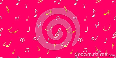 Vector Colorful Music Notes Background, Bright Pink Color, Handwritten Musical Symbols - Seamless Pattern. Vector Illustration