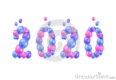 Vector Colorful 2020 Number, 3D Digits, Bright Blue and Pink Balloons, Flying Object. Vector Illustration
