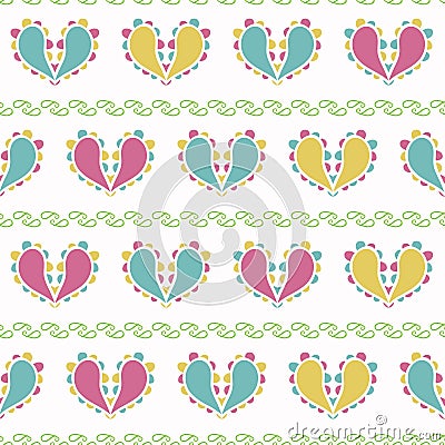 Vector Colorful Paisley Hearts Design on green seamless pattern background. Vector Illustration