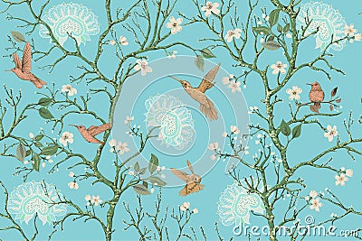 Vector colorful pattern with birds and flowers. Hummingbirds and flowers, retro style, floral backdrop. Spring, summer Vector Illustration