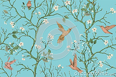 Vector colorful pattern with birds and flowers. Hummingbirds and flowers, retro style, floral backdrop. Spring, summer Vector Illustration