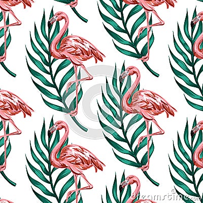 Vector colorful pattern with hand drawn illustration of flamingo with palm leaves. Vector Illustration