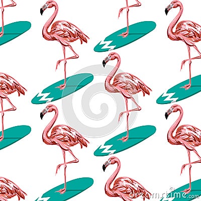Vector colorful pattern with hand drawn illustration of flamingo on surfboard. Vector Illustration