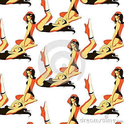 Vector colorful pattern with hand drawn illustration of girls in swimsuit and knee socks isolated. Vector Illustration