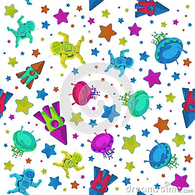 Vector colorful pattern to 12 April Cosmonautics Day. An astronaut or cosmonaut in outer space with flying rocket and Vector Illustration