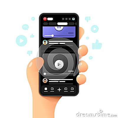 Youtube application on the smartphone screen. Sharing, likes and dislikes. Blogging. Vector colorful phone mockup illustration Vector Illustration
