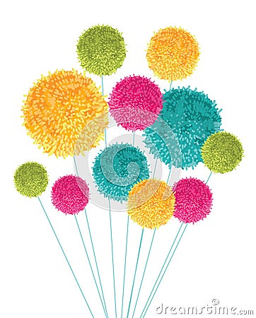 Vector Colorful Pom Poms Bouquet Decorative Element. Great for nursery room, handmade cards, invitations, baby designs. Vector Illustration