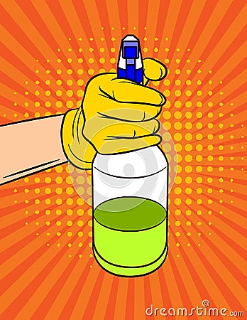 Vector colorful pop art comic style illustration of a hand keep a spray for cleaning. Vector Illustration