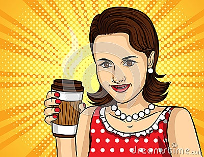 Vector colorful pop art comic style illustration of a pretty woman in red dress drinking a coffee. Cartoon Illustration