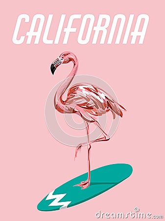 Vector colorful poster with hand drawn illustration of flamingo on surfboard. Vector Illustration