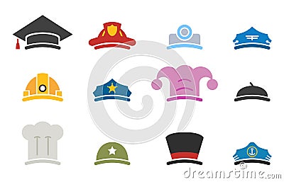 Vector colorful professions hats icons Vector Illustration