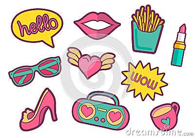 Vector colorful quirky patches set. Pin trendy decoration labels for denim and textile. Vintage hippie style badges. Vector Illustration