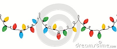 Vector Colorful Retro Holiday Christmas New Year Intertwined String Lights Isolated Horizontal Seamles Border Background Vector Illustration