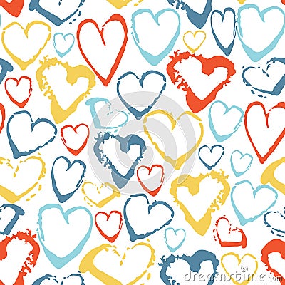 Vector colorful seamless pattern with brush strokes hearts. Summer fantasy . Rainbow color on white background. Hand Vector Illustration