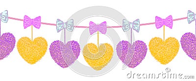 Decortive elements with pom-poms in the shape of a heart and bows Vector Illustration