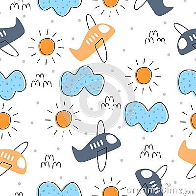 Vector colorful seamless pattern for kids with airplane drawing. Ideal for cards, invitations, baby shower, party, kindergarten, Vector Illustration