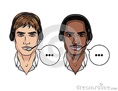 Vector colorful set avatars of men working at contact centre Vector Illustration