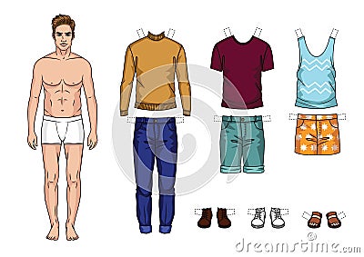 Vector colorful set of fashionable men`s outfits isolated from background. Stock Photo