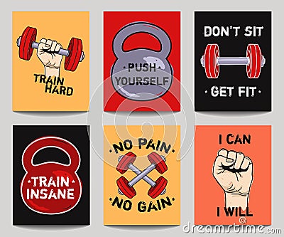 Vector colorful set of modern fitness templates with hands, dumbbells, weight and motivational phrases Vector Illustration