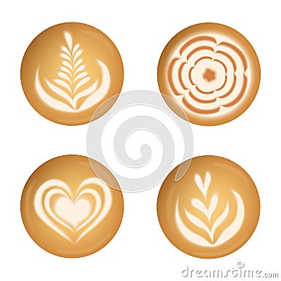 Vector set with realistic coffee latte art top view: tulips, hearts, flowers Vector Illustration