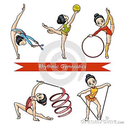 Vector set of rhythmic gymnastics. Cartoon girl Vector Illustration