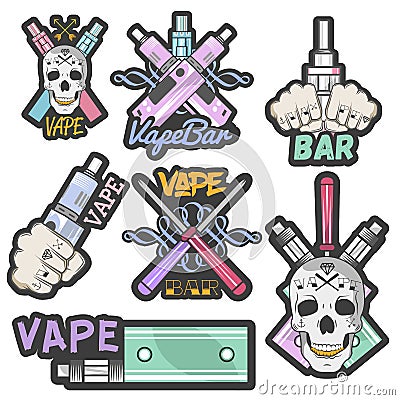 Vector colorful set of vape bar stickers, banners, logos, labels, emblems or badges. Vintage style electronic cigarette Vector Illustration