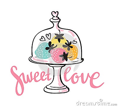 Vector colorful strawberry desert card with stylish lettering - sweet love. Vector Illustration