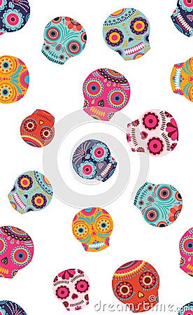 Vector colorful sugar skulls seamless pattern background. Vector Illustration