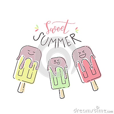 Vector colorful summer illustration with ice cream ant text Vector Illustration